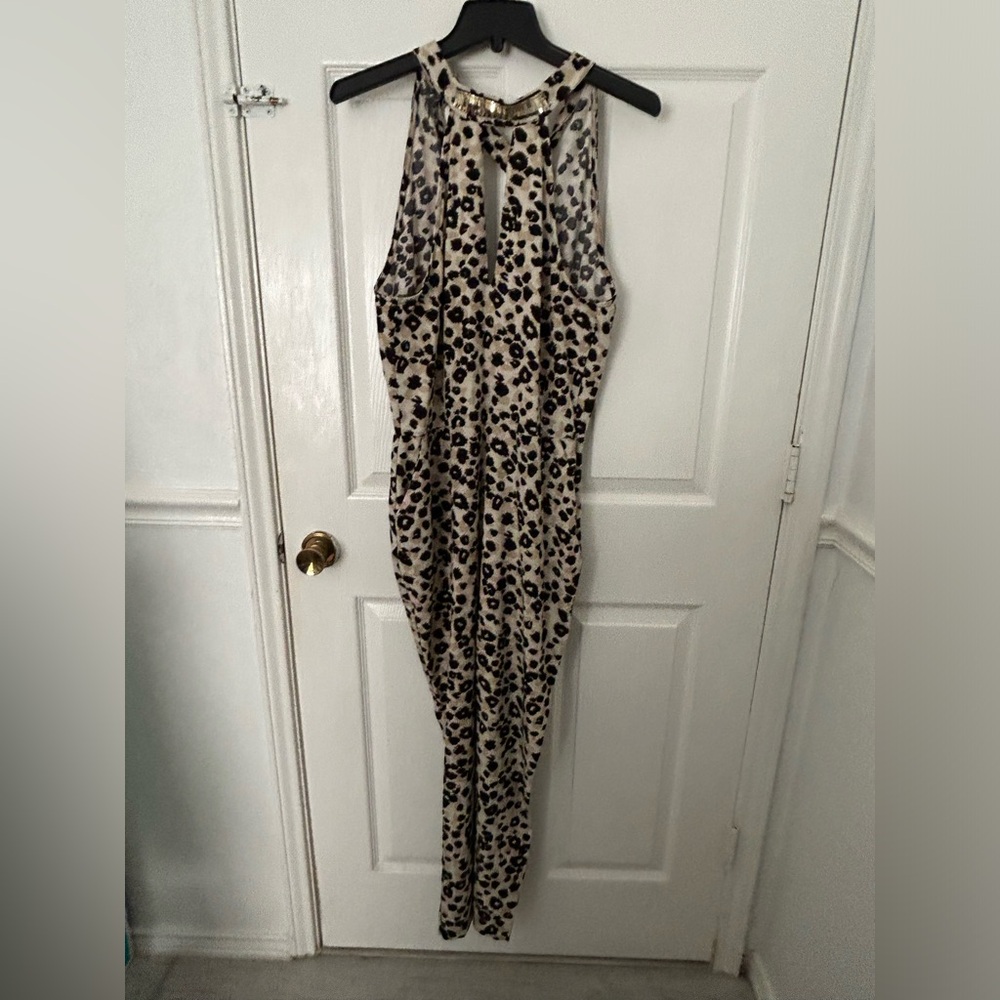 Shoe Dazzle Beige and Black Leopard Halter Jumpsuit with Gold Neck Detail